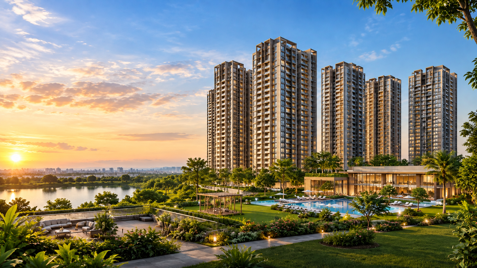 Aerial view of Abhee Gunjur apartment towers with green spaces and clubhouse in Gunjur, East Bengaluru