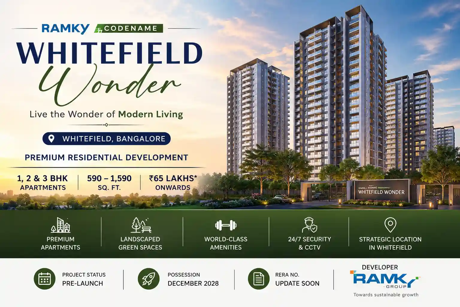 Aerial view of Ramky Codename Whitefield Wonder premium apartment towers and greenery