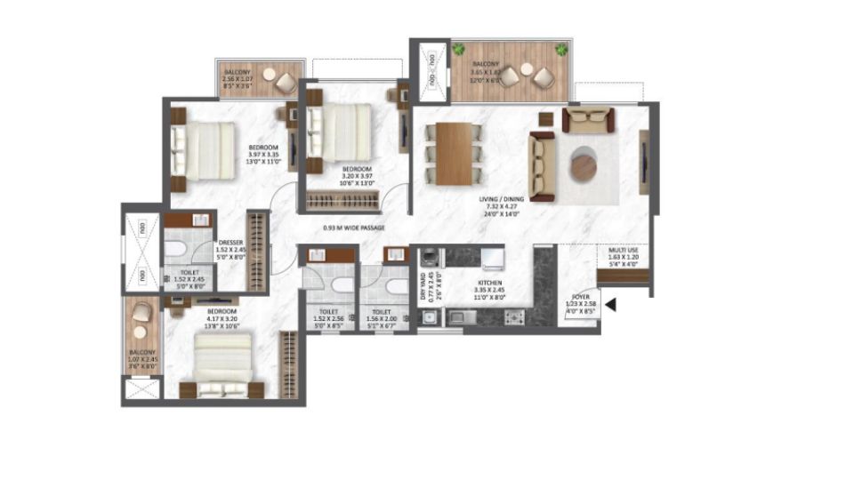 3 BHK floor plan